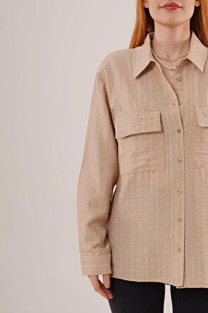 Kendinden Çizgili Cepli Ve Düğmeli Bej Gömlek