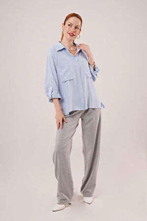 Yarasa Kol Çizgili Cep Detaylı Mavi Gömlek