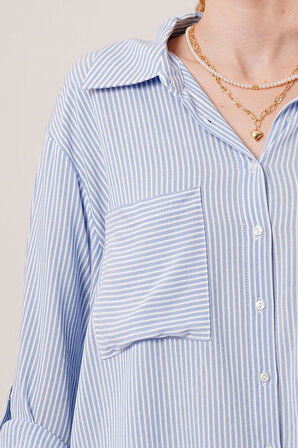 Yarasa Kol Çizgili Cep Detaylı Mavi Gömlek