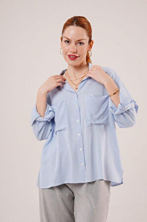 Yarasa Kol Çizgili Cep Detaylı Mavi Gömlek