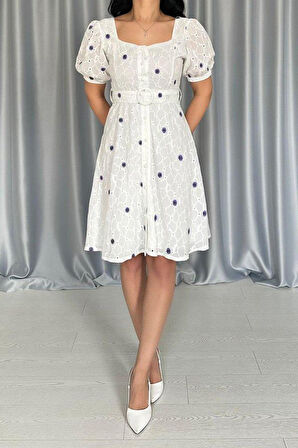 Lila Kemerli Kare Yaka Elbise