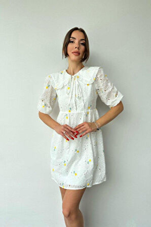 Sarı Bebe Yakalı Brode Elbise