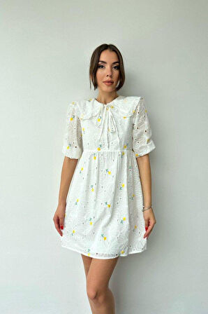 Sarı Bebe Yakalı Brode Elbise