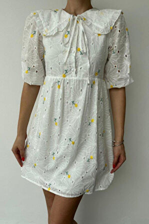 Sarı Bebe Yakalı Brode Elbise