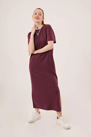 Yırtmaç Detaylı Kısa Kollu Salaş Maxi Bordo Elbise