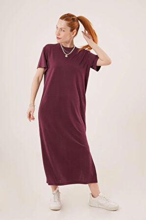 Yırtmaç Detaylı Kısa Kollu Salaş Maxi Bordo Elbise