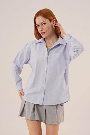 Desenli Tek Cepli Düğmeli Mavi Gömlek