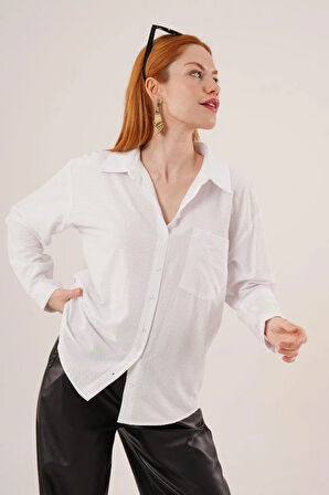 Desenli Tek Cepli Klasik Kesim Düğmeli Beyaz Gömlek