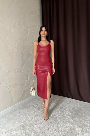 Kırmızı Sırt Dekolteli Deri Elbise