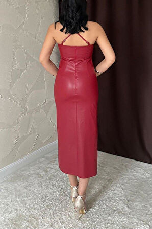 Kırmızı Sırt Dekolteli Deri Elbise