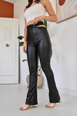 Siyah Bel Detaylı Deri Pantolon