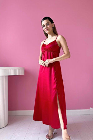 Kırmızı Askılı Saten Elbise