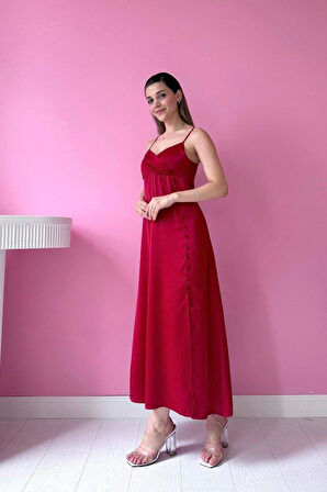 Kırmızı Askılı Saten Elbise