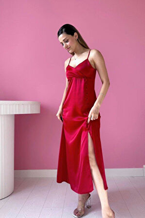 Kırmızı Askılı Saten Elbise