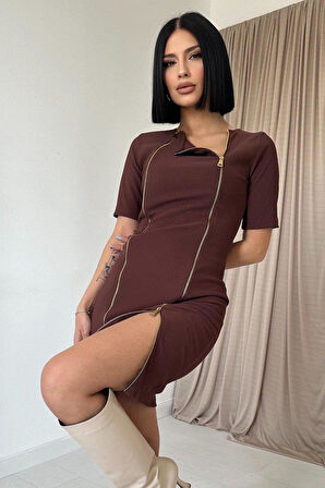 Kahverengi Fermuarlı Ottoman Elbise