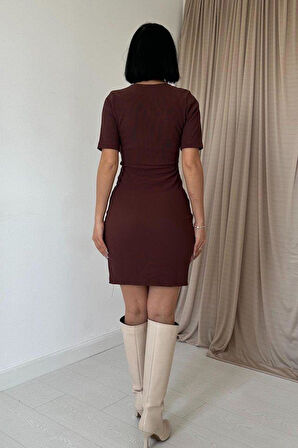 Kahverengi Fermuarlı Ottoman Elbise