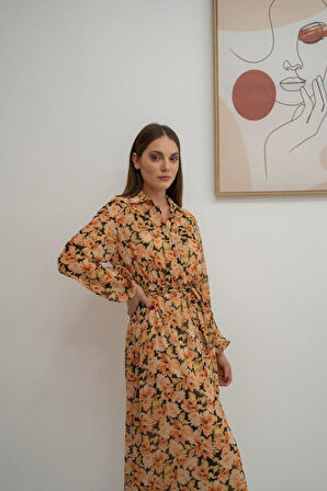 Desenli Kuşaklı Şifon Elbise