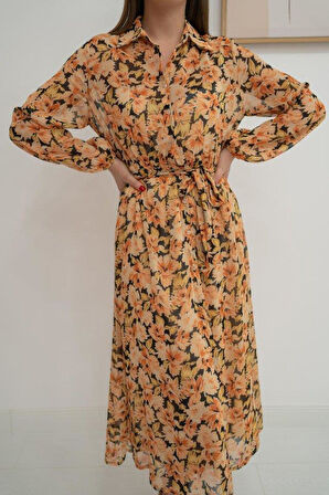 Desenli Kuşaklı Şifon Elbise