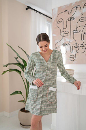 Yeşil Garnili Ekose Elbise