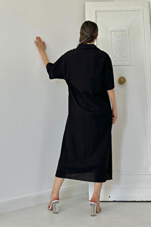 Siyah Keten Kısa Kollu Elbise