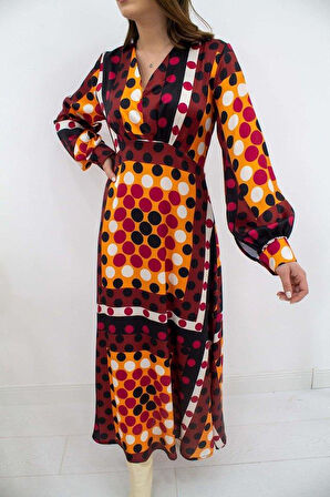 Desenli Saten Uzun Elbise