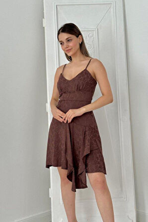 Kahverengi Jakarlı Asimetrik Elbise