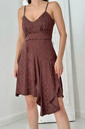 Kahverengi Jakarlı Asimetrik Elbise