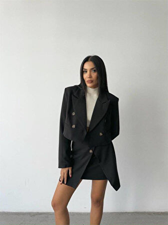 DÜĞME DETAYLI ETEK - CROP CEKET TAKIM - Siyah