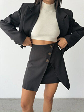 DÜĞME DETAYLI ETEK - CROP CEKET TAKIM - Siyah