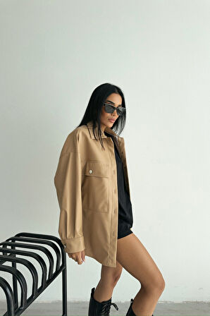 DÜĞMELİ DERİ GÖMLEK BOYFRİEND - Bej