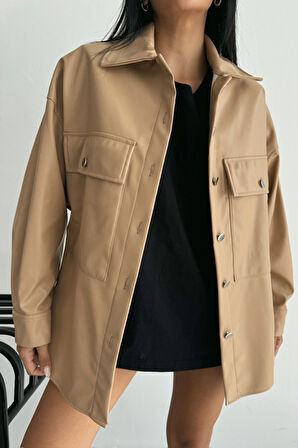 DÜĞMELİ DERİ GÖMLEK BOYFRİEND - Bej