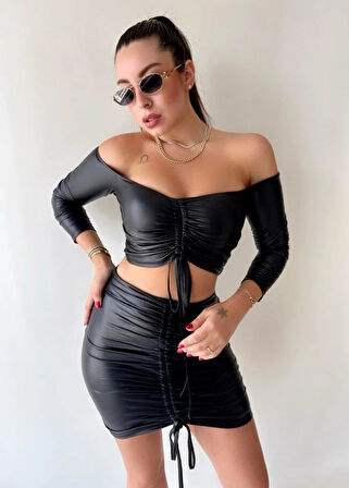 Kadın Büzgülü Deri Etek Takım Fırsat Ürün