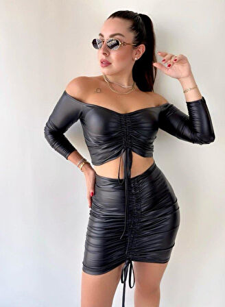 Kadın Büzgülü Deri Etek Takım Fırsat Ürün