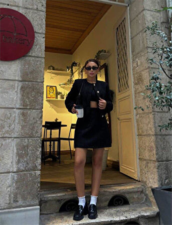 CHANEL CROP CEKET-KISA ETEK TAKIM - Siyah