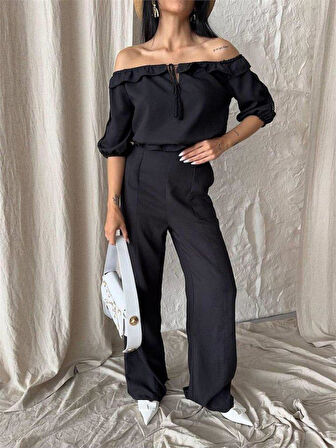 KETEN MADONNA YAKA KOL HASIR ŞERİT - PANTOLON TAKIM - Siyah
