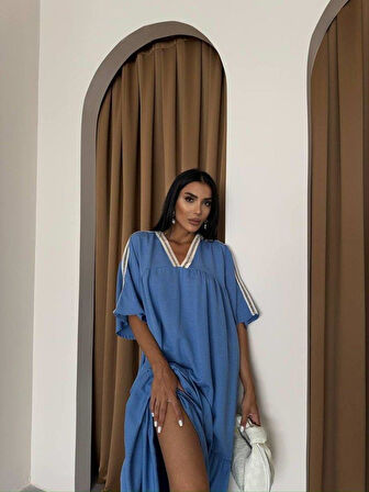 YAKA-KOL HASIR BİYE ŞERİTLİ KETEN SALAŞ ELBİSE - Mavi