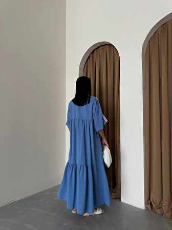 YAKA-KOL HASIR BİYE ŞERİTLİ KETEN SALAŞ ELBİSE - Mavi