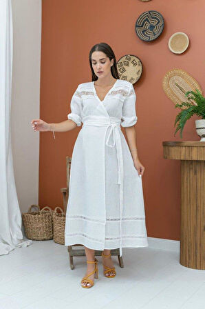 Ekru Dantel Detay Keten Elbise