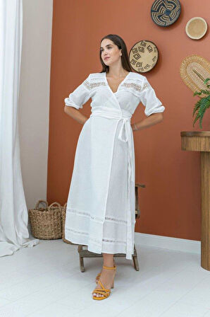 Ekru Dantel Detay Keten Elbise
