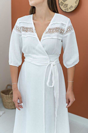 Ekru Dantel Detay Keten Elbise