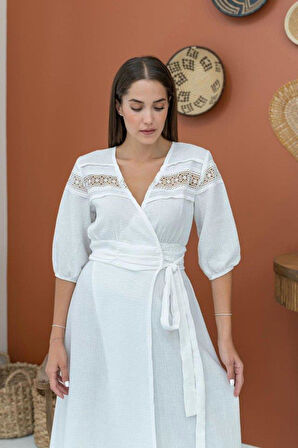 Ekru Dantel Detay Keten Elbise