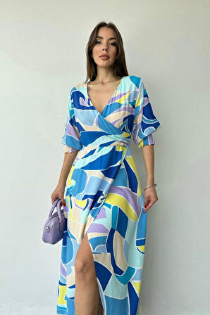 Mavi Desenli Yırtmaçlı Elbise