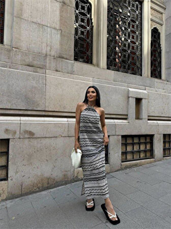 FİLE DANTEL KOLSUZ BOYUNDAN BAĞLAMALI ELBİSE - Bej