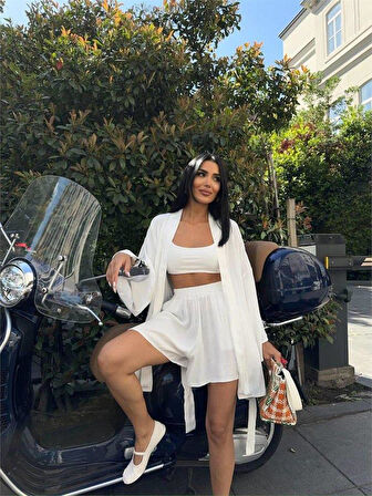 JAKARLI KİMONO - ŞORT TAKIM - Beyaz