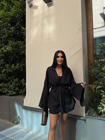 KETEN KİMONO - ŞORT TAKIM - Siyah