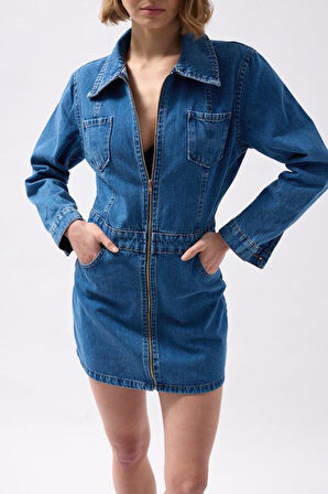 Cep Detaylı Fermuarlı Denim Elbise