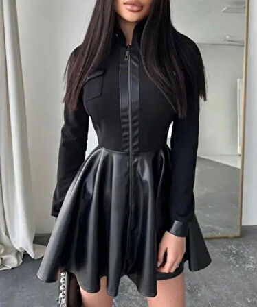 Kadın Uzun Kollu Scuba Dalgıc Kumaş Deri Ve Fermuar Detaylı Fırsat ürün Elbise