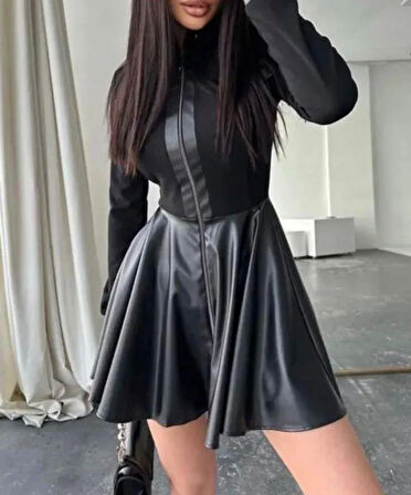 Kadın Uzun Kollu Scuba Dalgıc Kumaş Deri Ve Fermuar Detaylı Fırsat ürün Elbise