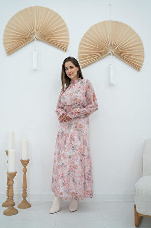 Pembe Şanzelize Çiçek Desenli Elbise