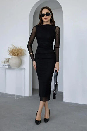 Kadın Uzun Kol Tül Drapeli Midi Boy Elbise